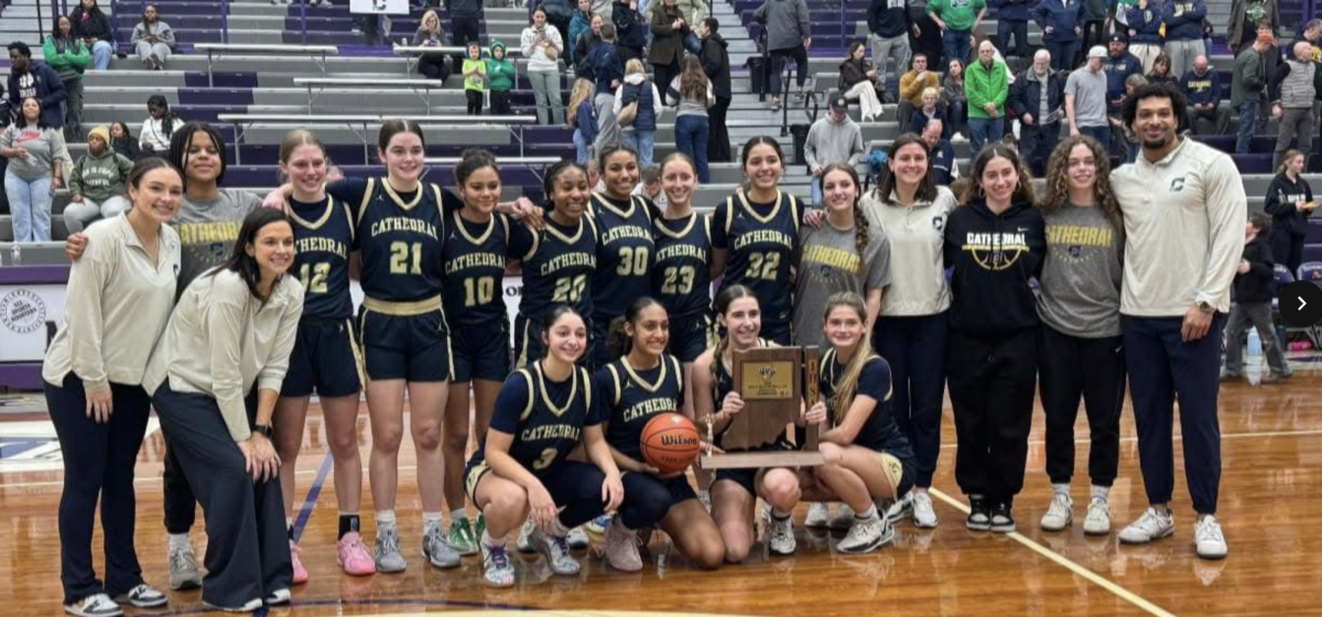 The girls pose with their regional championship. The Irish defeated Northview 38-23.
Photo from Cathedral Facebook.